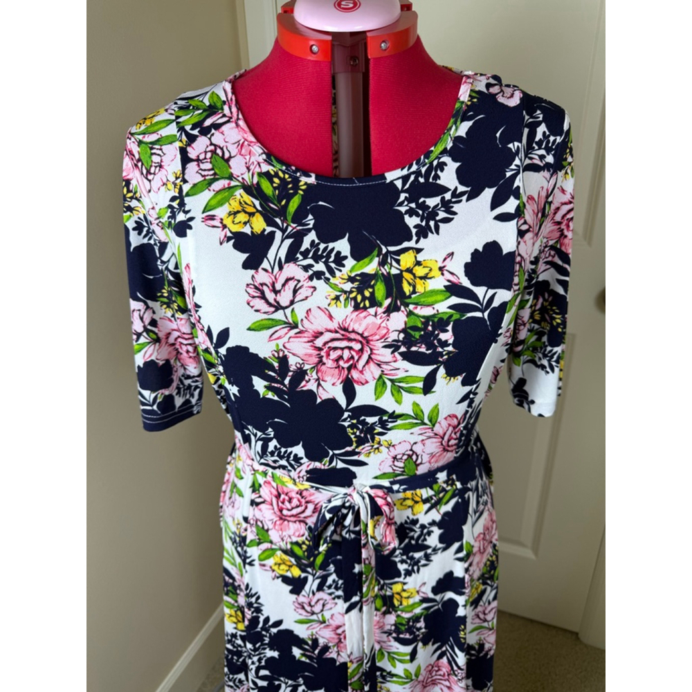 Women's NINA LEONARD XL White Navy Pink Floral Maxi Dress